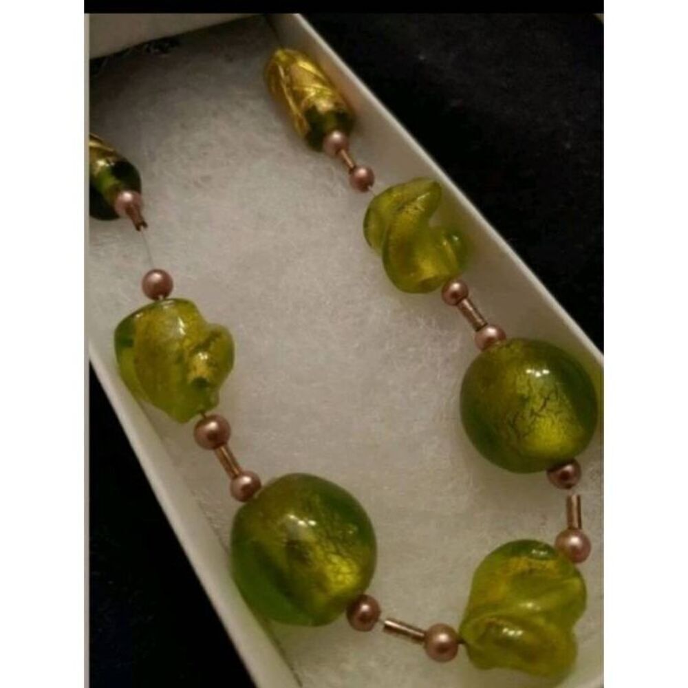 Handmade 18" Necklace GREEN/YELLOW GLASS Round, tubular, irregular shapes